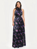 Popilush® Draped High Neck Sculpting Floral-print Maxi dress