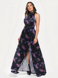Popilush® Draped High Neck Sculpting Floral-print Maxi dress