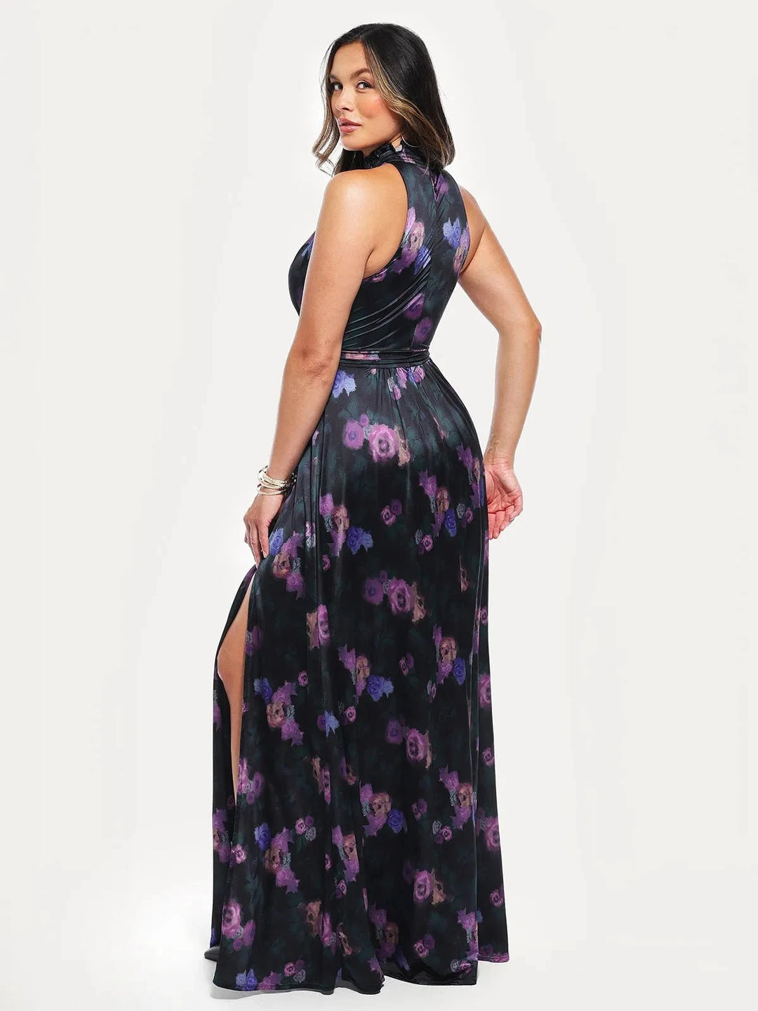 Popilush® Draped High Neck Sculpting Floral-print Maxi dress