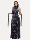 Popilush® Draped High Neck Sculpting Floral-print Maxi dress