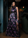 Popilush® Draped High Neck Sculpting Floral-print Maxi dress