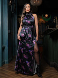 Popilush® Draped High Neck Sculpting Floral-print Maxi dress