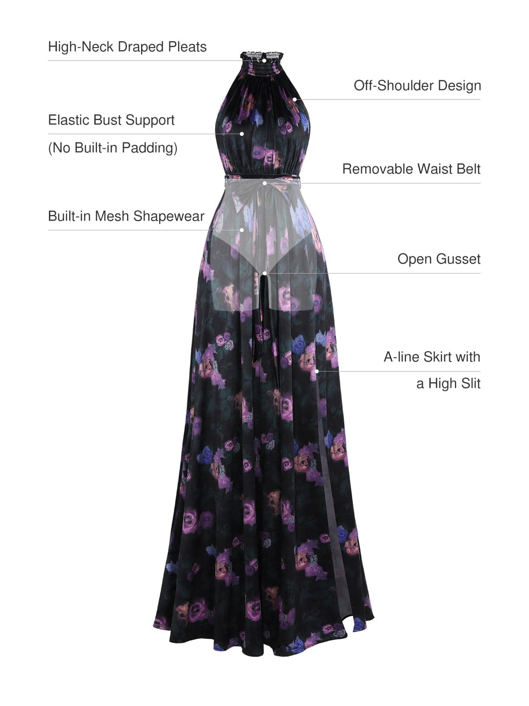 Popilush® Draped High Neck Sculpting Floral-Print Maxi Dress