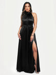 Black draped high neck maxi dress with a high slit and belted waist