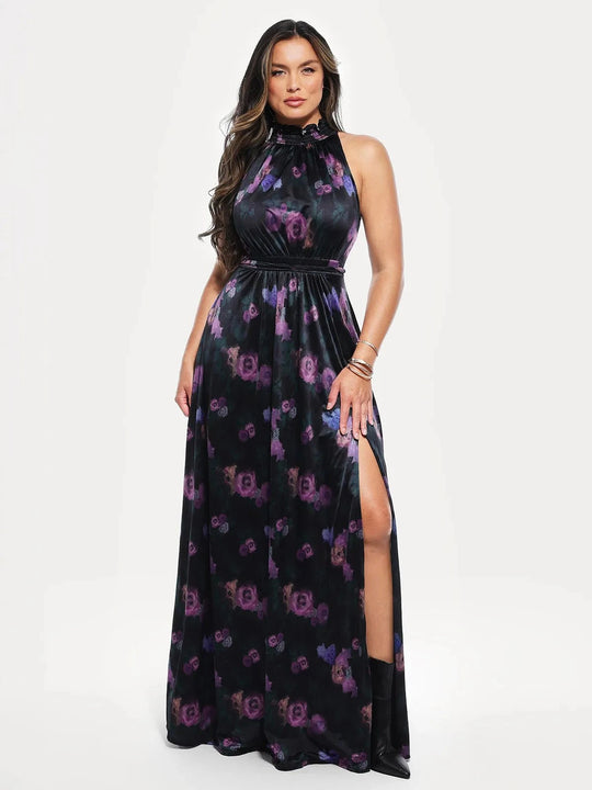 Popilush® Floral Print / XS Draped High Neck Sculpting Floral-print Maxi dress
