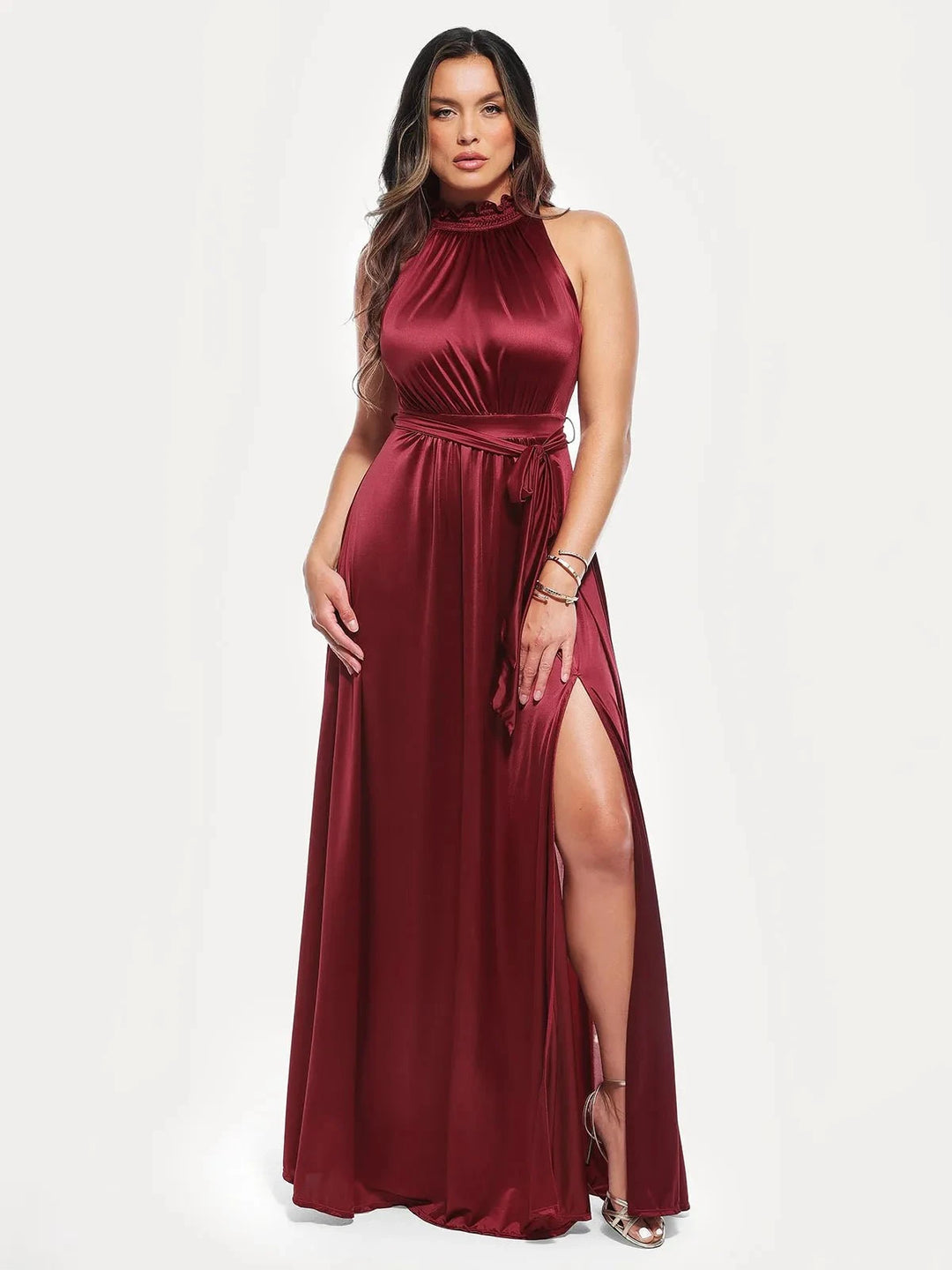 Popilush® Red / XS Draped High Neck Sculpting Floral-print Maxi dress