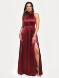 Popilush® Red / XS Draped High Neck Sculpting Floral-print Maxi dress