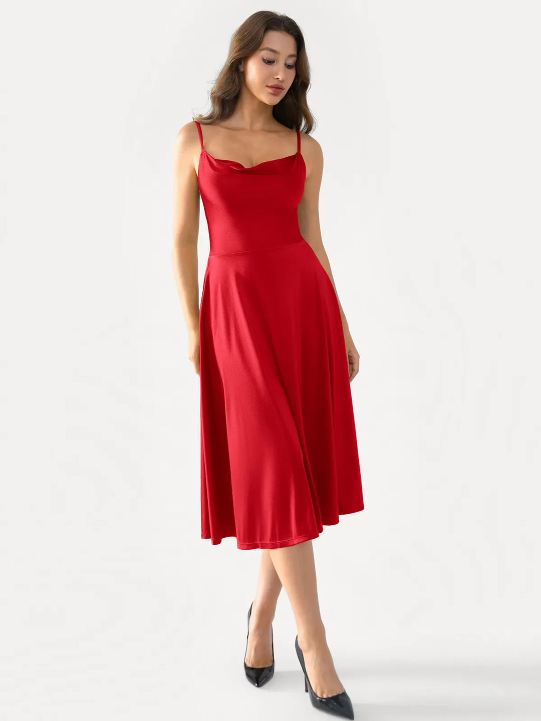 shape red mesh cowl ruched midi dress Mesh Mesh Cowl Neck Ruched Split Midi Dress For Daily Casual Coffee Shop