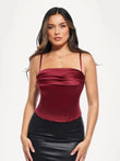 Draped Sculpting Floral-Print Camisole Top in deep red satin with spaghetti straps.