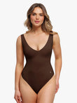 Brown Elastic Cloud-Touch All-in-One Shaping Bodysuit with V-neck and seamless design