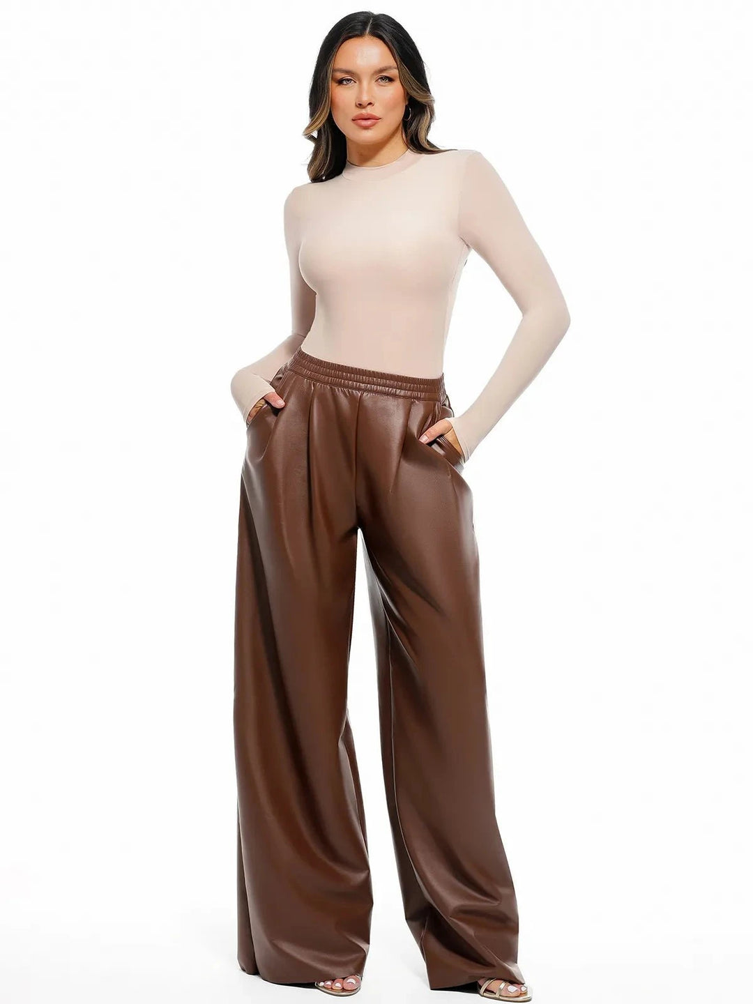 Popilush® Faux Leather High Waisted Wide Leg Pants