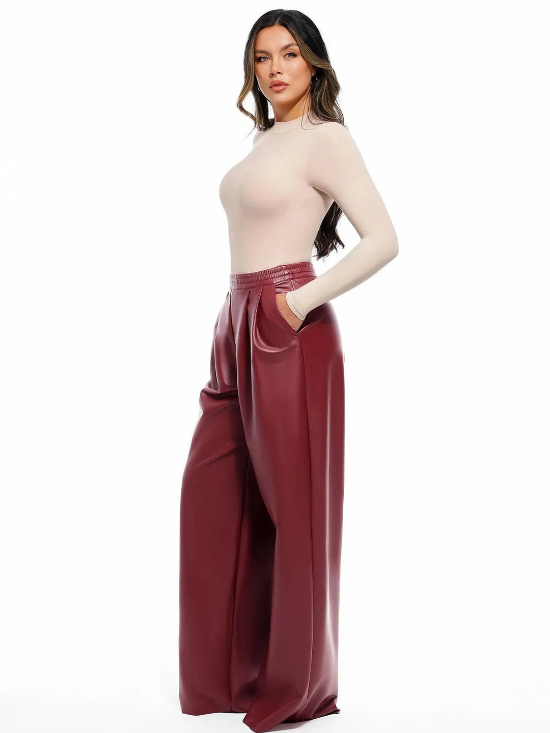 Faux Leather High-Waist Wide-Leg Pants | Built-In Shapewear Popilush Faux Leather High-Waist Wide-Leg Pants | Built-In Shapewear Popilush