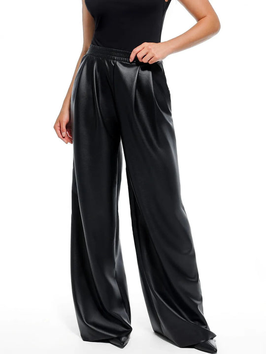 Popilush® Black / XS Faux Leather High Waisted Wide Leg Pants