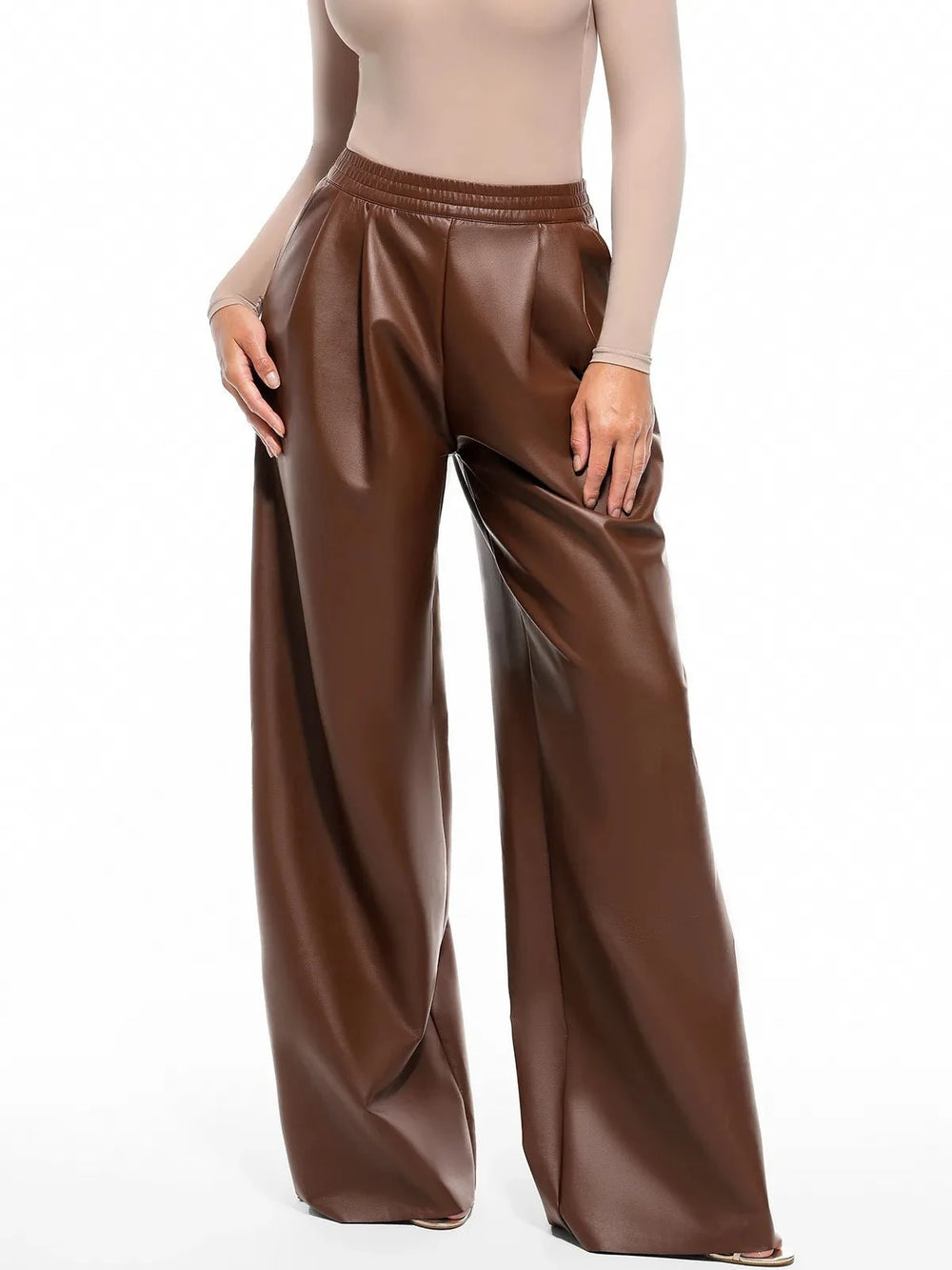 Popilush® Brown / XS Faux Leather High Waisted Wide Leg Pants