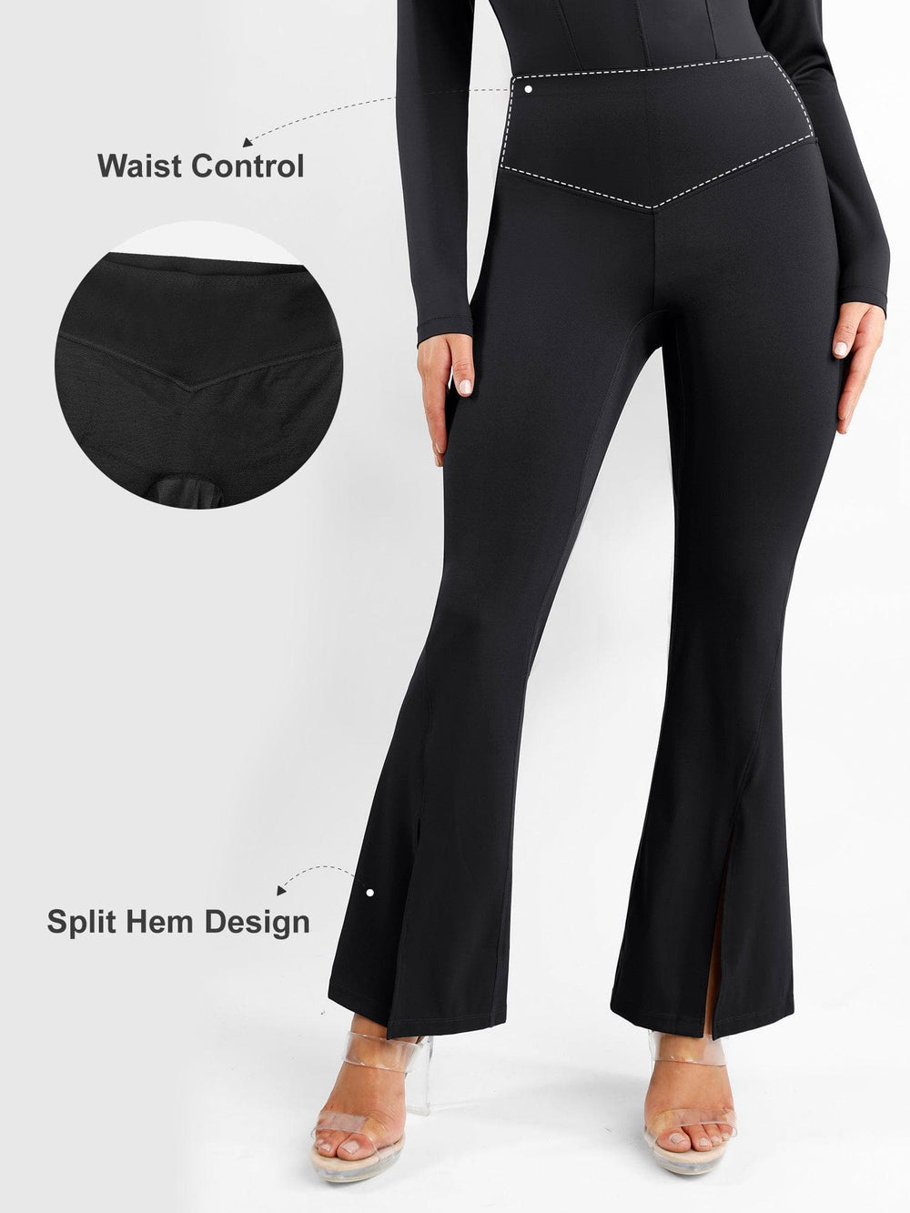 Popilush® high-waisted black flare pants with split hem for stylish comfort