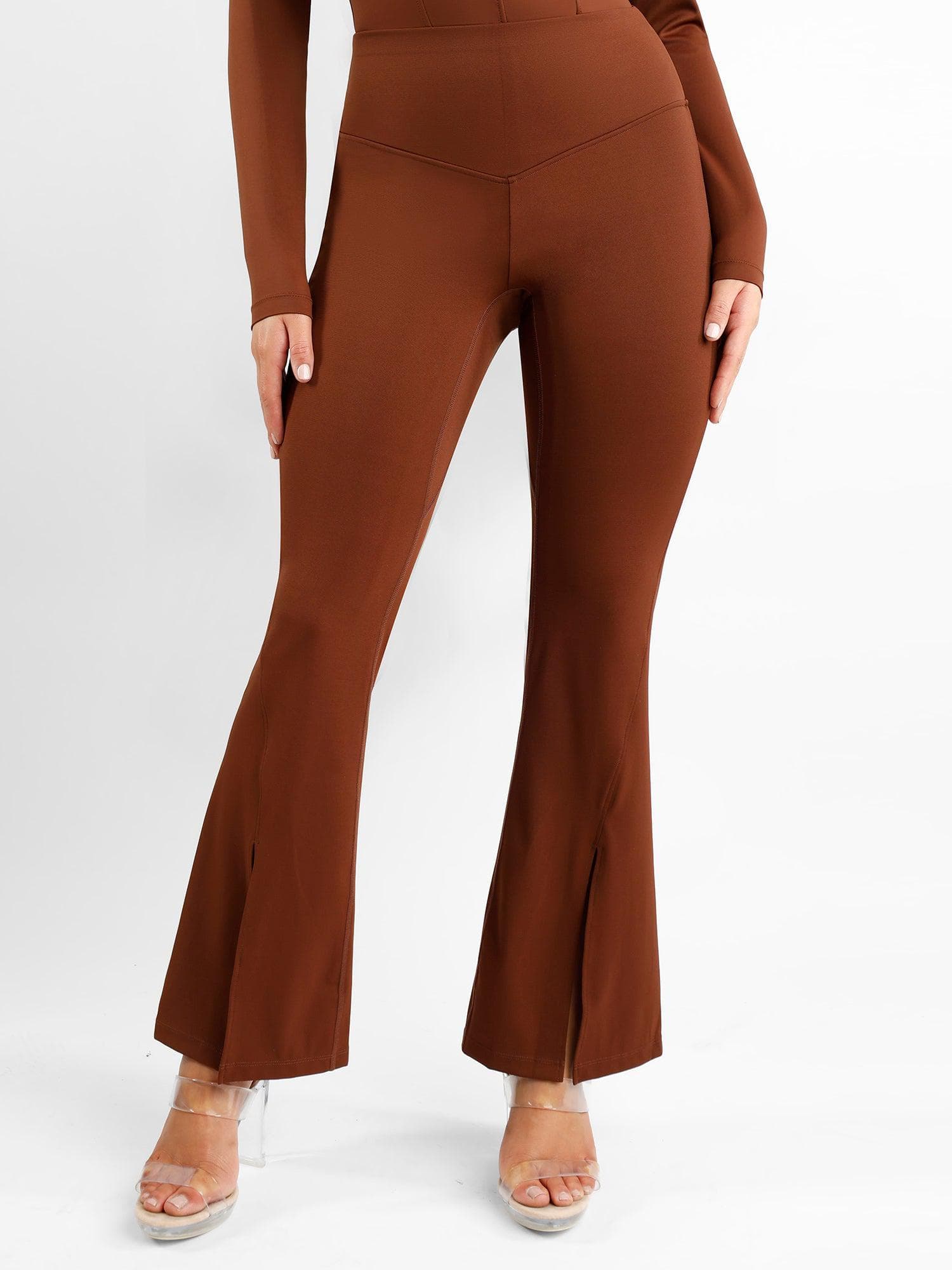 Mhina Trousers - High Waisted Split Hem Tailored Trousers in Toffee