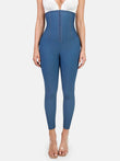 Popilush shapewear: Blue high-waist tummy control denim leggings with hook closure.