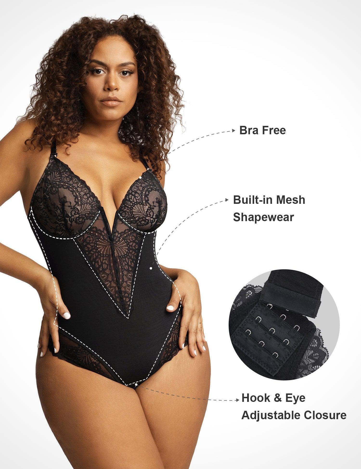 Popilush Tops Body Shaper Jumpsuit Sexy Lace Deep-V Neck Bodysuits Or Leather Skirt