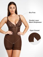 Popilush® Tops Body Shaper Jumpsuit Sexy Lace Deep-V Neck Bodysuits Or Leather Skirt