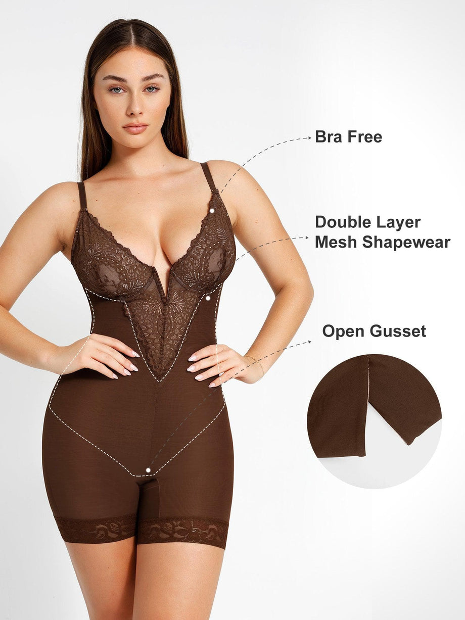 Lace Deep-V Neck Bodysuits Or Leather Skirt