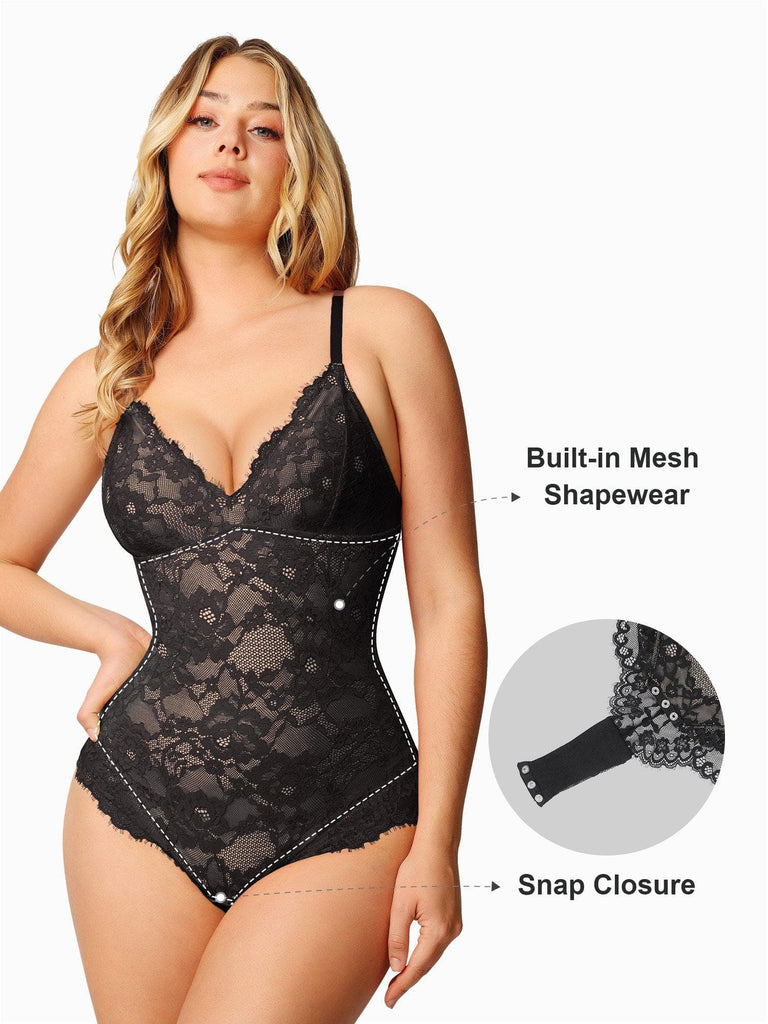 Popilush® Tops Body Shaper Jumpsuit Sexy Lace Deep-V Neck Bodysuits Or Leather Skirt