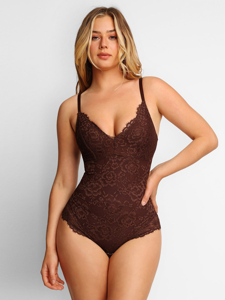 Lace Deep-V Neck Bodysuits Or Leather Skirt