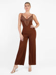 Brown wide-leg shapewear jumpsuit with deep V-neck and intricate lace bust detailing.