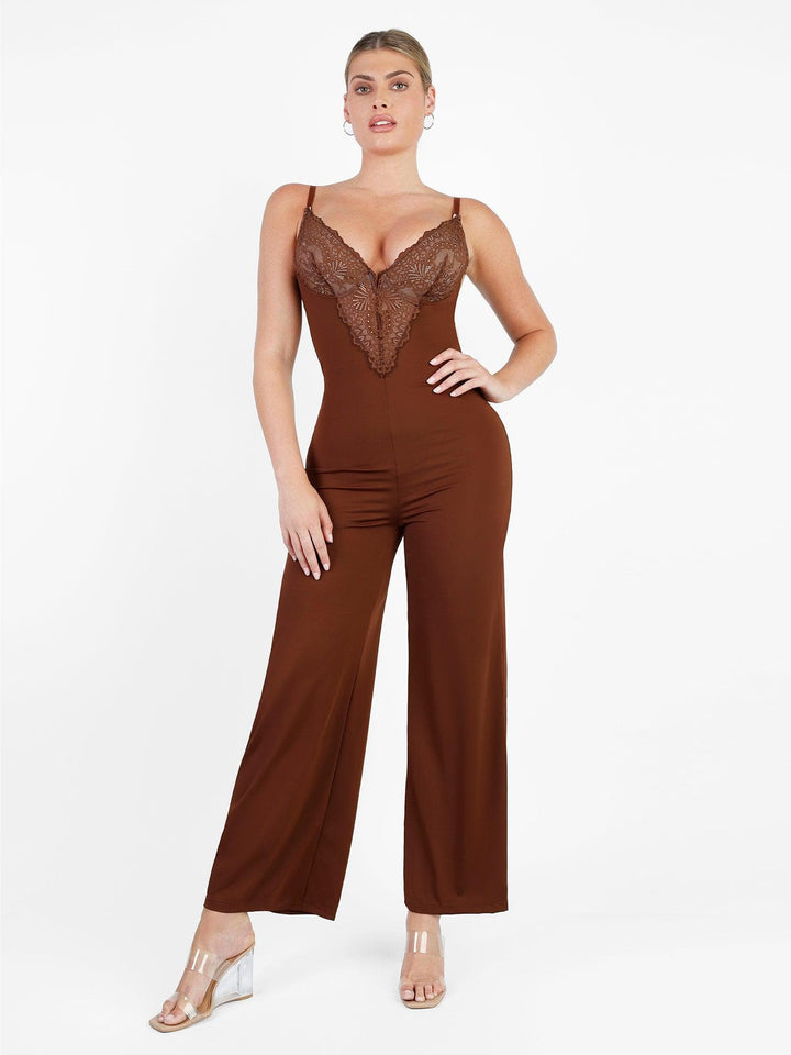 Lace Deep V-Neck Wide-Leg Shapewear Slip Jumpsuit