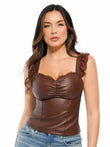 Brown faux leather camisole with lace trim and ruched bust detail.