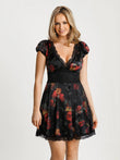 Popilush® Burgundy Floral / XS Lace Trim Sculpting Fit & Flare Mini Dress