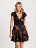 Popilush® Burgundy Floral / XS Lace Trim Sculpting Fit & Flare Mini Dress