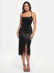 Black lace trim floral midi dress with ruched sides and thigh-high slit