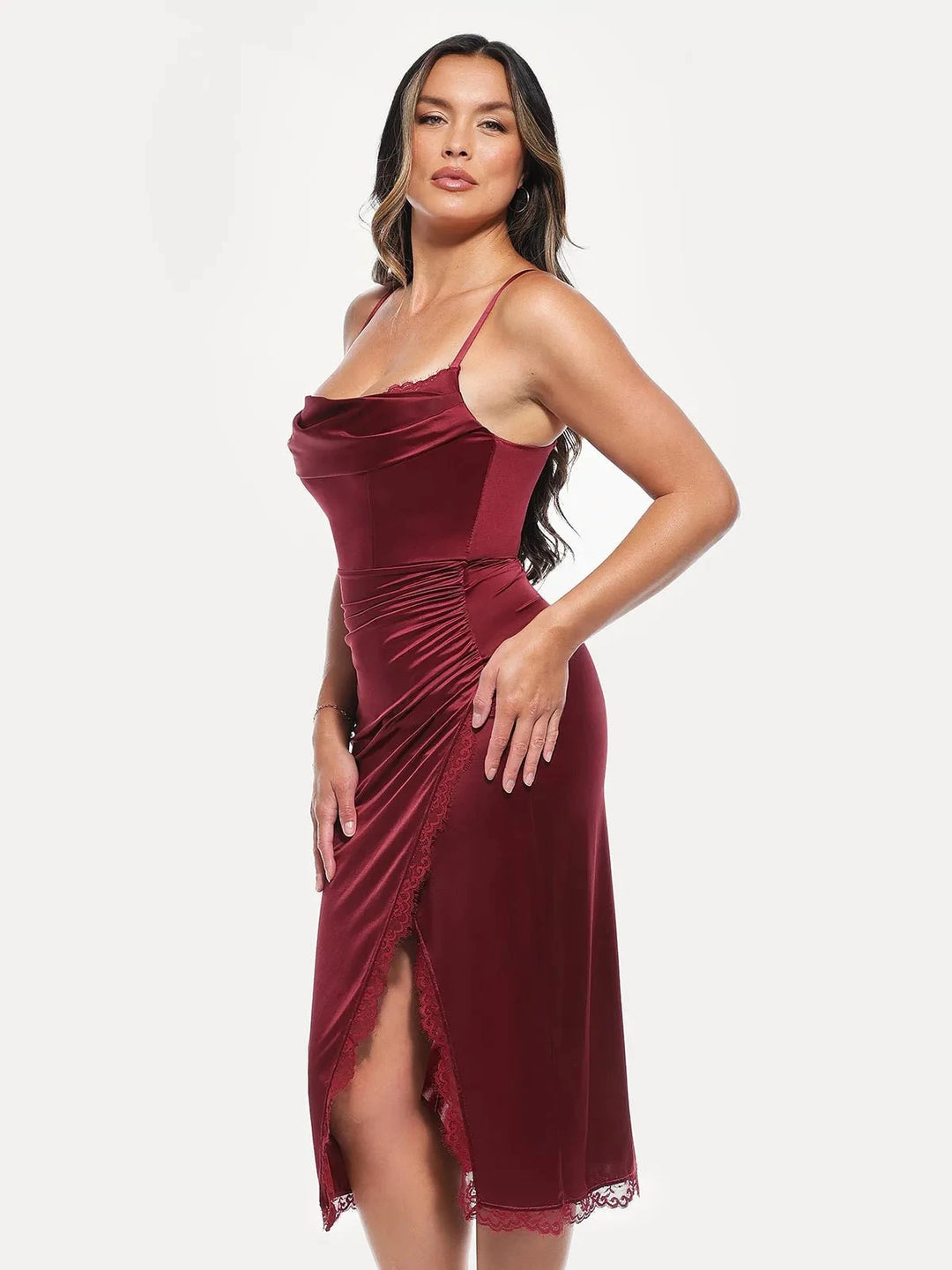 sculpting stretch satin midi dress Draped One-Shoulder Sculpting Satin Midi Dress