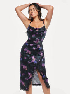 Popilush® Lace Trim Sculpting Floral-print Midi Dress