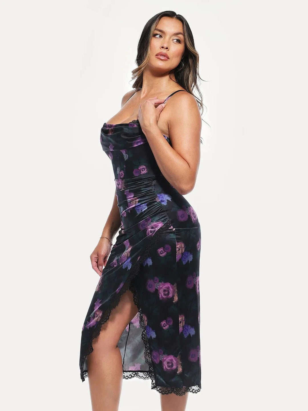 Popilush® Lace Trim Sculpting Floral-print Midi Dress