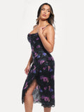 Popilush® Lace Trim Sculpting Floral-print Midi Dress