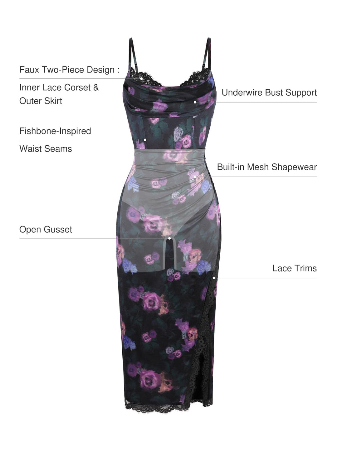 Lace Trim Sculpting Floral-Print Midi Dress | Shapewear Popilush Lace Trim Sculpting Floral-Print Midi Dress | Shapewear Popilush