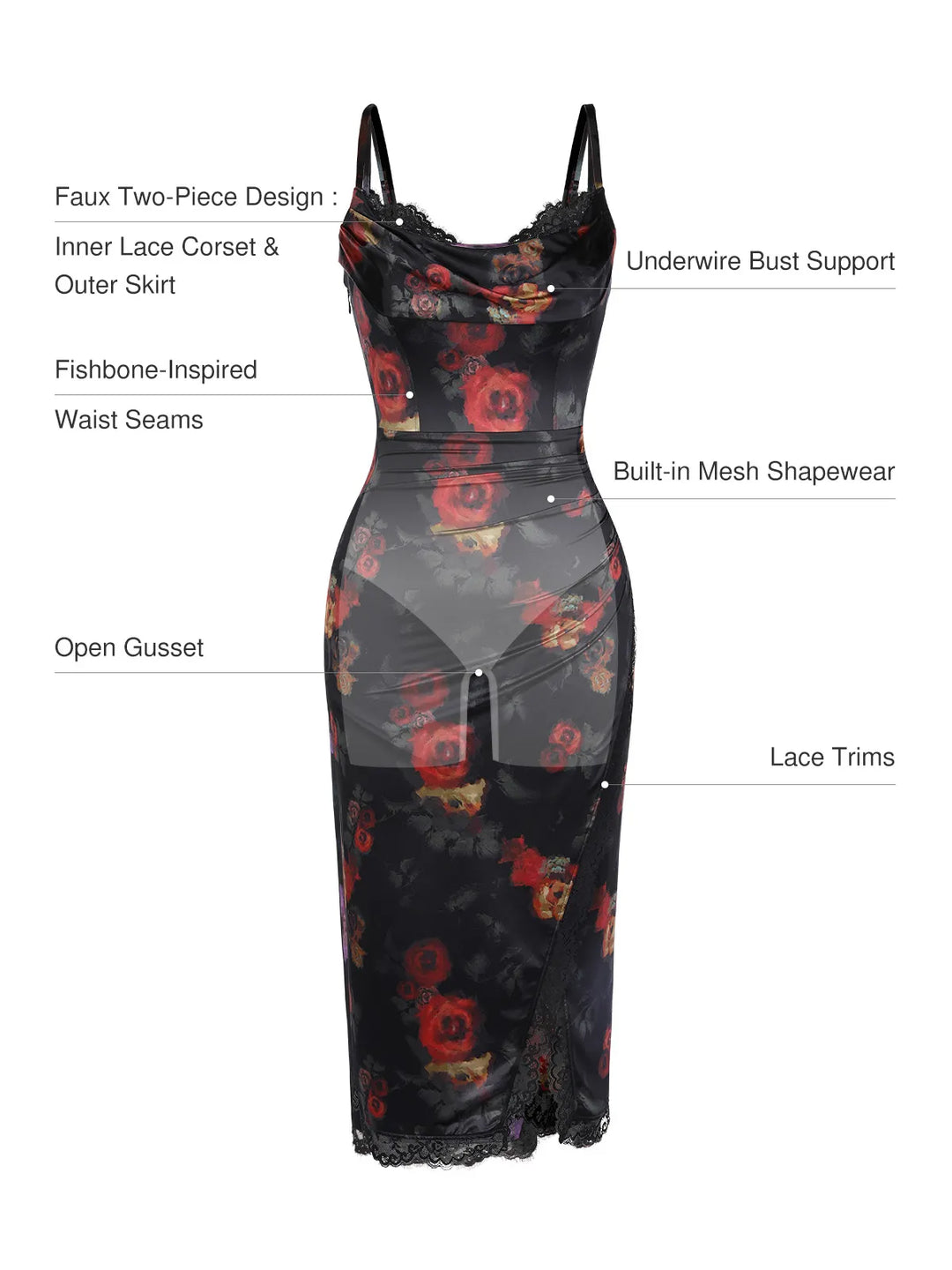 Popilush® Lace Trim Sculpting Floral-Print Midi Dress