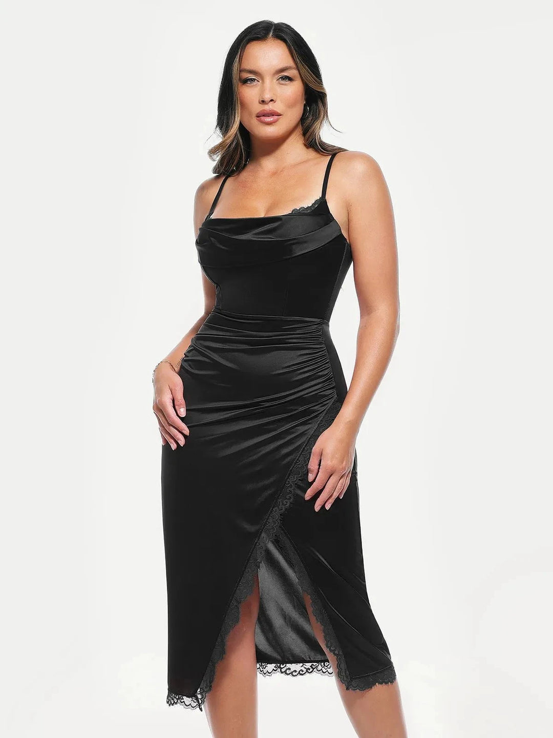 lace trim dress black Lace Trim Sculpting Floral-Print Midi Dress