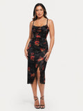 Popilush® Burgundy Floral / XS Lace Trim Sculpting Floral-Print Midi Dress