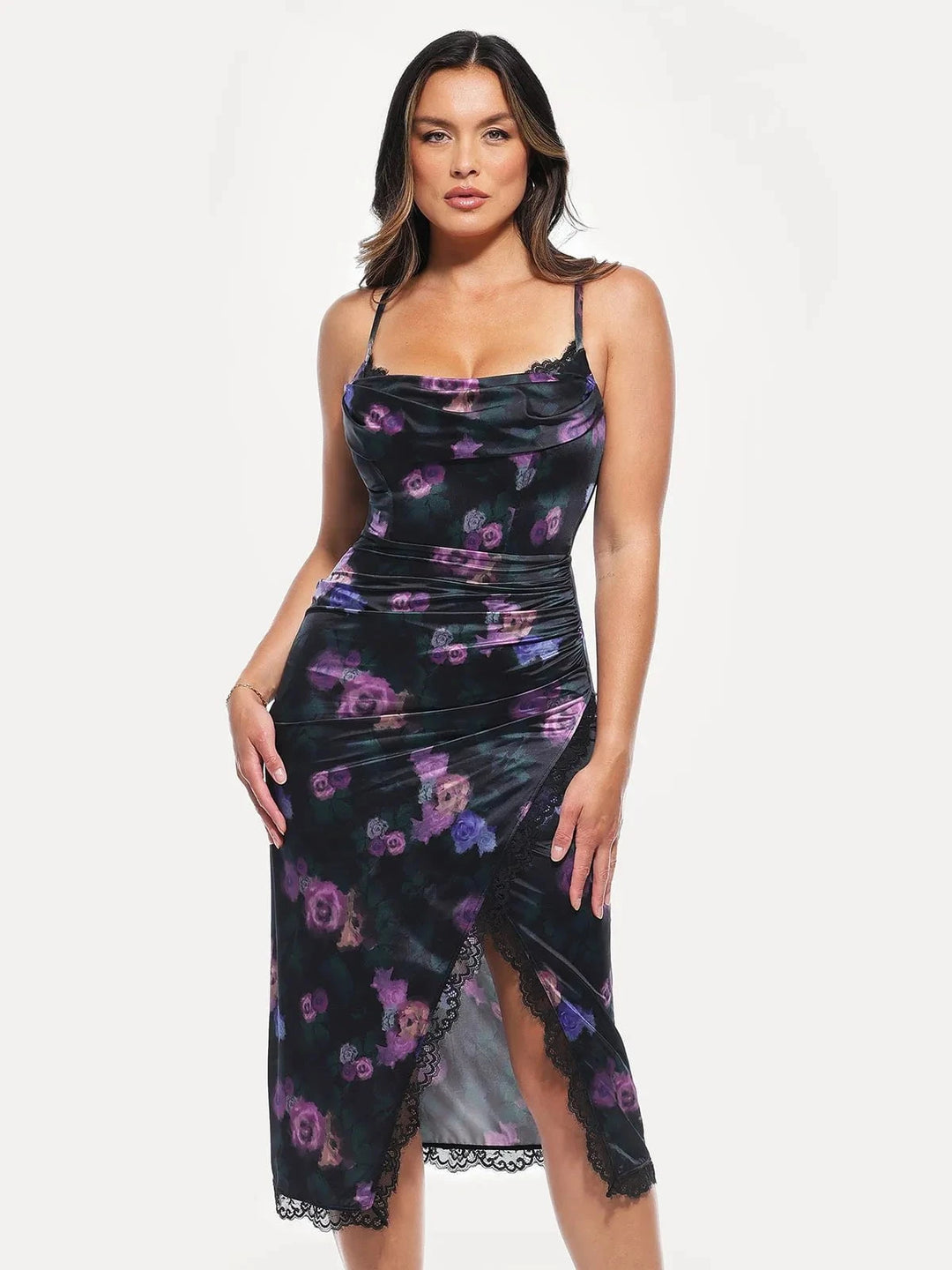 floral lace trim underwire cocktail dress Lace-Trim Satin Floral Maxi Dress