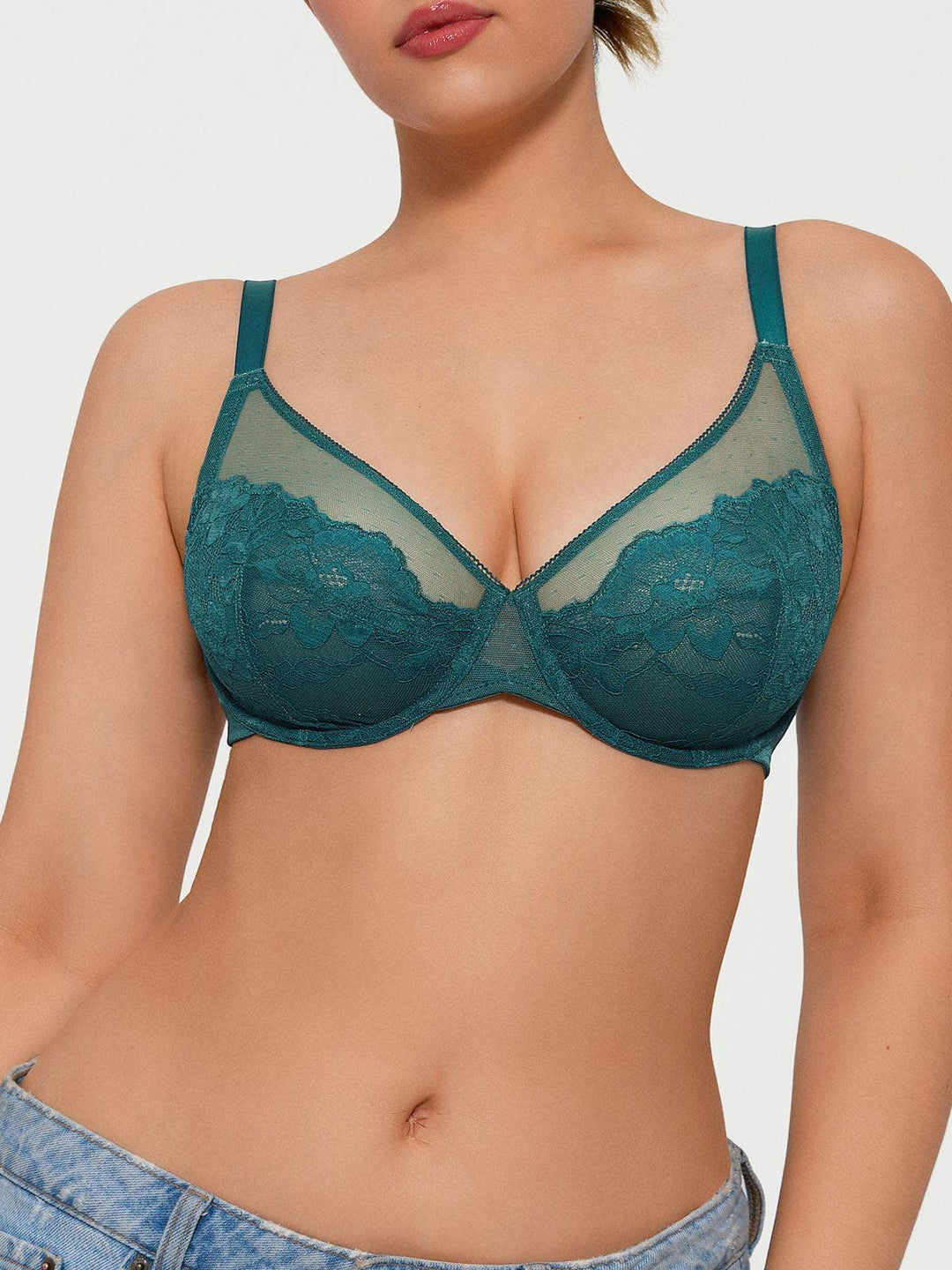 Popilush® Green / 34C Lightweight Underwire Minimizer Lace Mesh Bra
