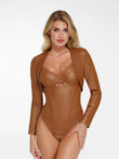 Long sleeve brown faux leather cropped bolero jacket