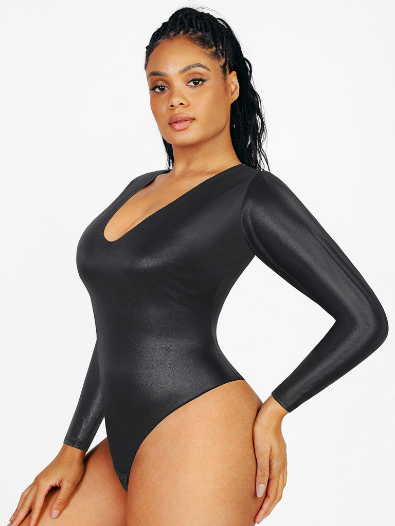 Popilush® Long Sleeve Faux Leather V-Neck Bodysuit