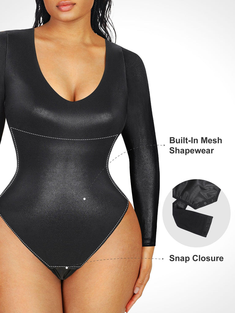 Popilush® Long Sleeve Faux Leather V-Neck Thong Bodysuit