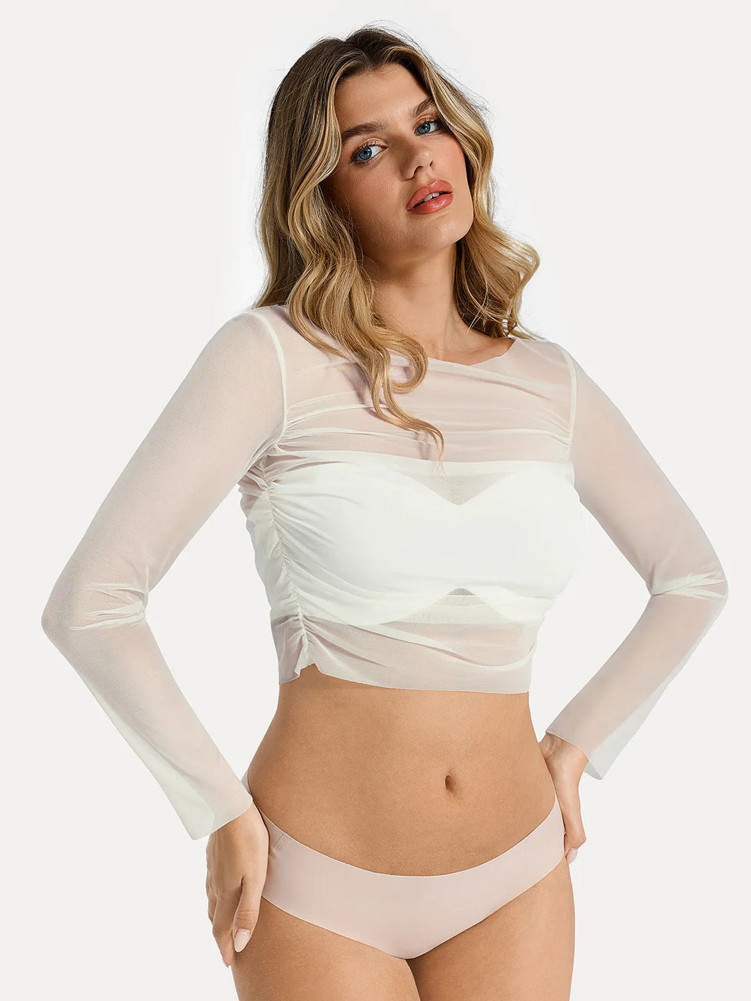 Popilush® Shirt Outerwear Long Sleeve Ruched Sheer Mesh Crop Top