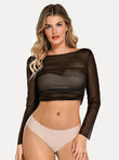 Popilush black ruched sheer mesh long sleeve crop top with off-shoulder neckline.