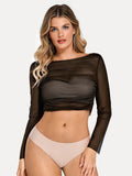 Popilush® Shirt Outerwear Black / XS Long Sleeve Ruched Sheer Mesh Crop Top