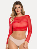 Popilush® Shirt Outerwear Red / XS Long Sleeve Ruched Sheer Mesh Crop Top