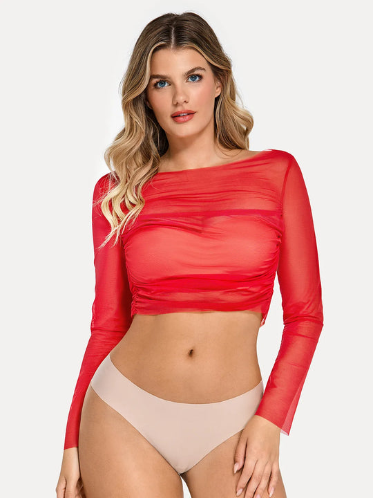 Popilush® Shirt Outerwear Red / XS Long Sleeve Ruched Sheer Mesh Crop Top